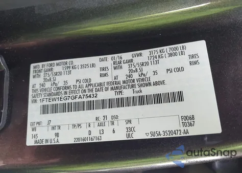 2016 Ford F-150 Platinum from USA, damaged, VIN 1FTEW1EG7GFA75432